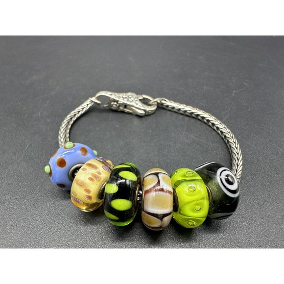 Trollbeads LAA Sterling Silver Charm Bracelet 6 Glass Lampwork Beads 6 Inch - Picture 1 of 12